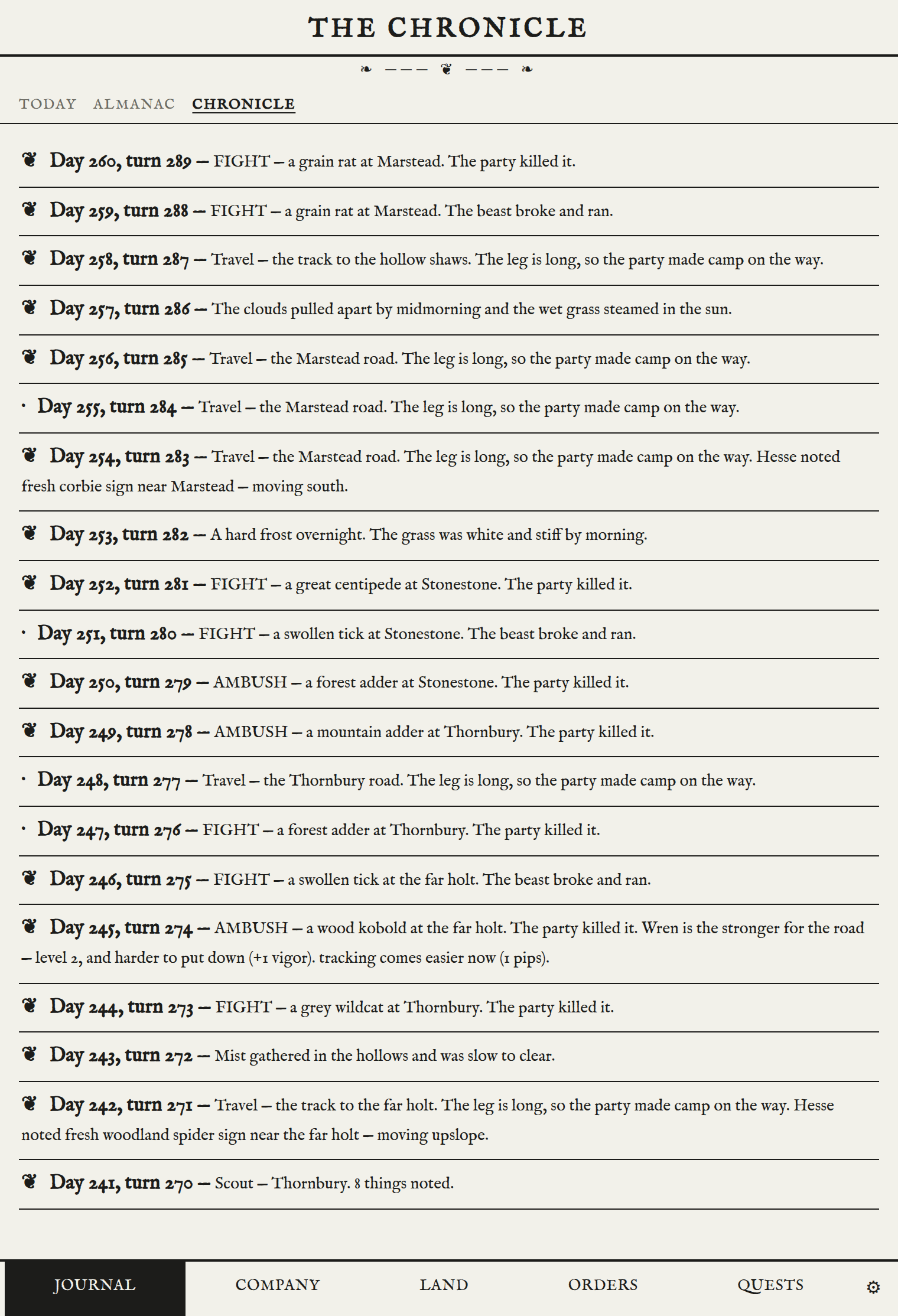 The chronicle: twenty days listed in order, each a single line — fights won and lost, ambushes, a hard frost, legs of travel, and the day a character reached level two.